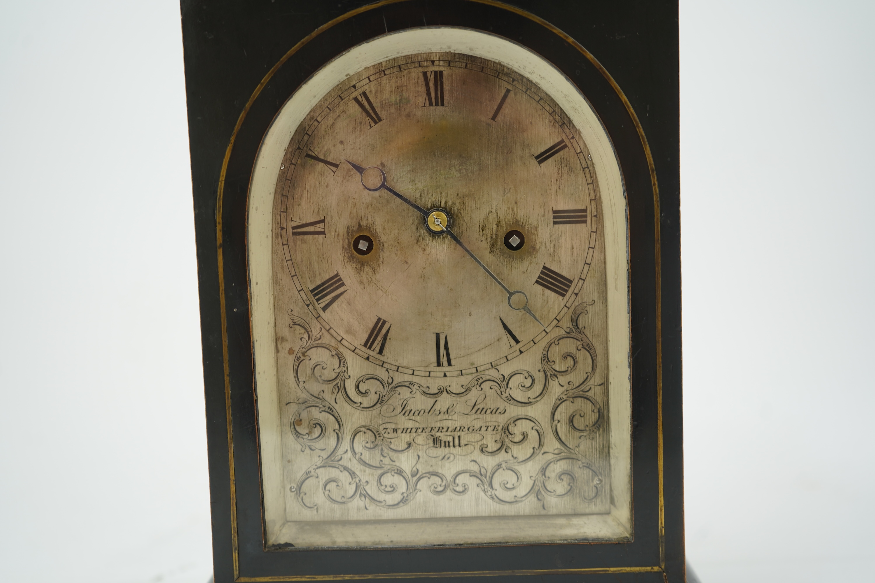 A mid-19th century ebonised double fusee mantel clock by Jacobs and Lucas, 7, Whitefriargate, Hull